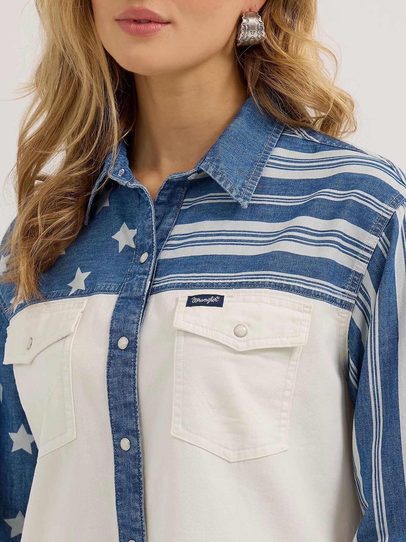 Women's Wrangler Pieced Boyfriend Denim Western Snap Shirt