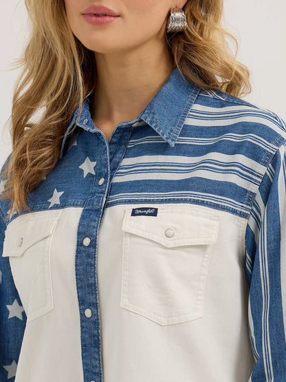Women's Wrangler Pieced Boyfriend Denim Western Snap Shirt