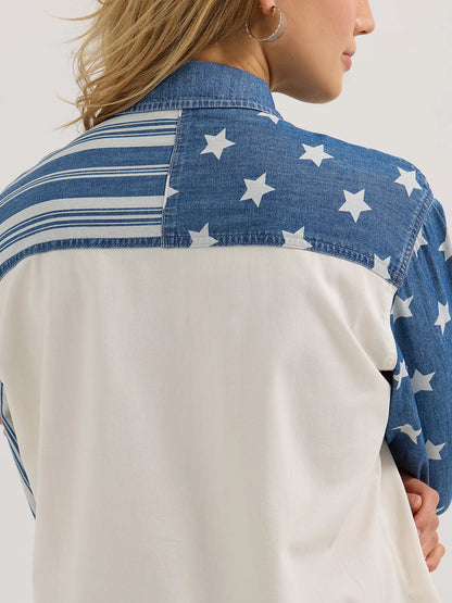 Women's Wrangler Pieced Boyfriend Denim Western Snap Shirt