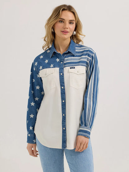 Women's Wrangler Pieced Boyfriend Denim Western Snap Shirt