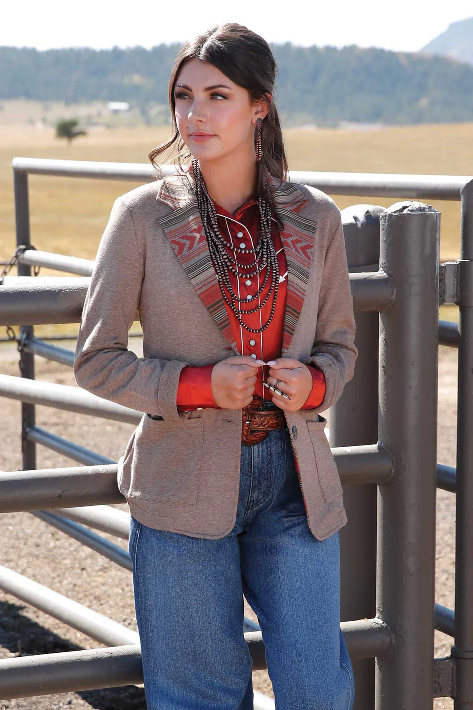 CRUEL DENIM WOMEN’S STONE BLAZER WITH PRINTED DETAIL –