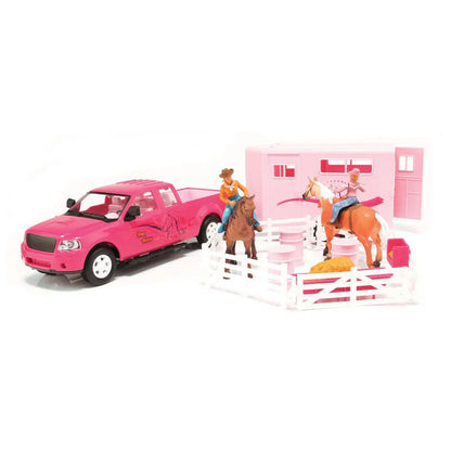 M&F Children's Rodeo Pink Truck Trailer and Horse Toy Set