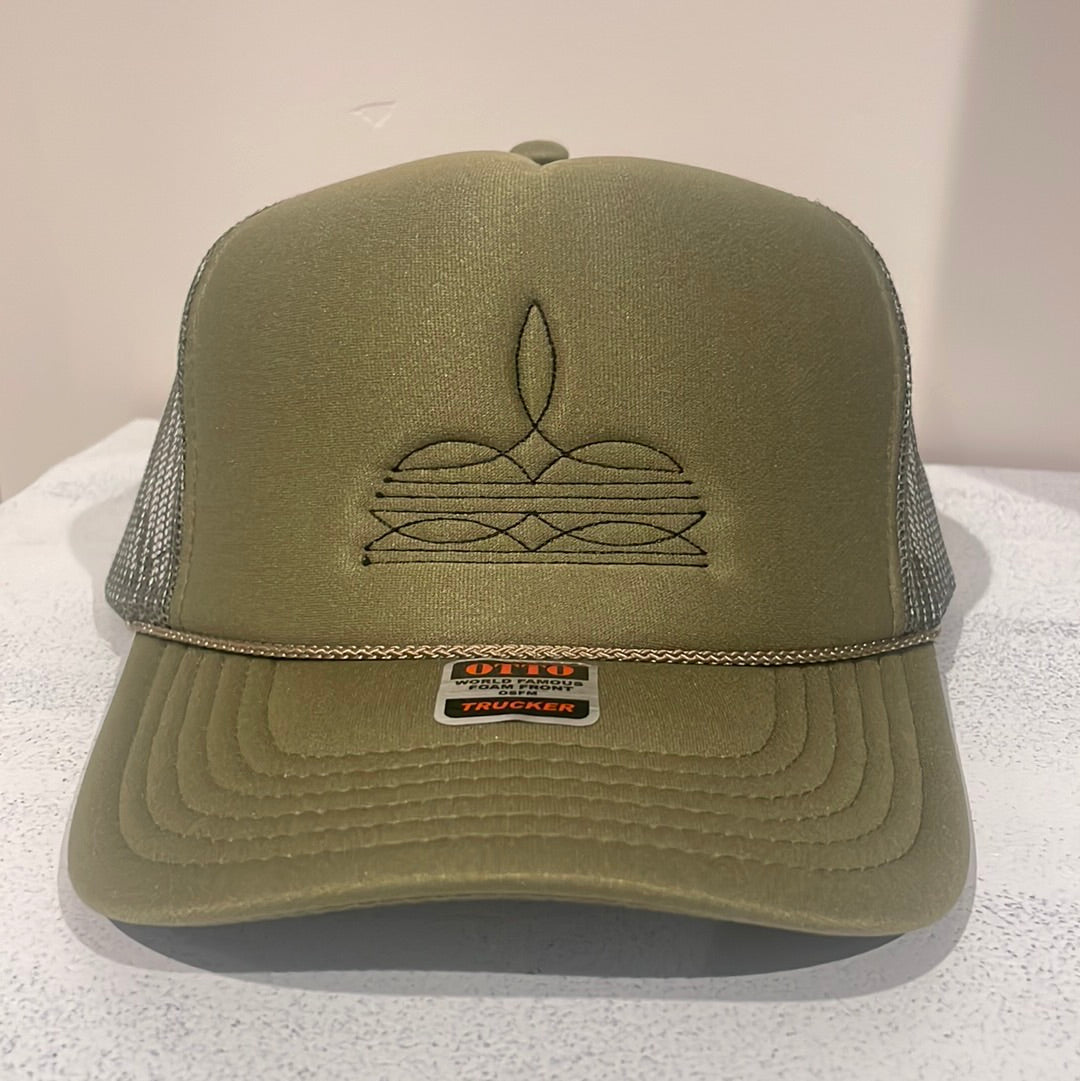Army Green Cowboy boot Embroidered Trucker Hat