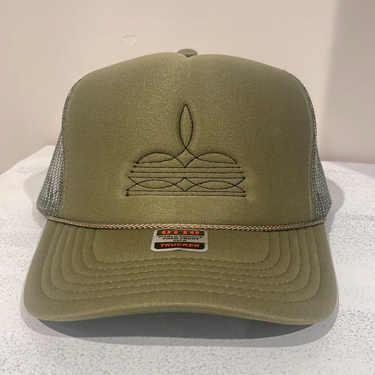 Army Green Cowboy boot Embroidered Trucker Hat