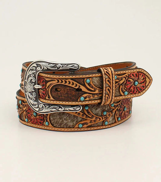 Ariat, Ladies Red Floral Cowhide Inlay with Turquoise Detail Belt