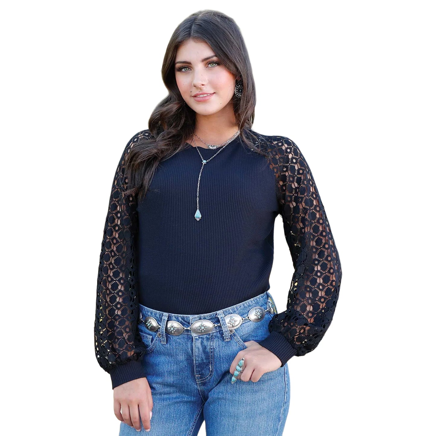 Cinch Ladies Black Ribbed Laser Cut Raglan Blouse Shirt