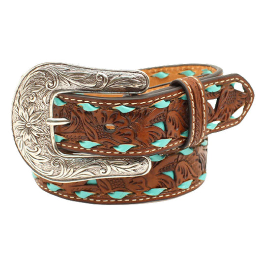 Nocona Floral Pierced Turquoise Underlay Girls Belt